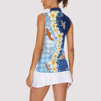 Hawaii And Japan Women Sleeveless Polo Shirt Plumeria Lei With Koi Fish Blue - Polynesian Pride