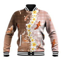 Hawaii And Japan Baseball Jacket Plumeria Lei With Koi Fish Beige - Polynesian Pride