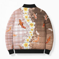 Hawaii And Japan Bomber Puffer Jacket Plumeria Lei With Koi Fish Beige - Polynesian Pride