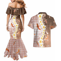 Hawaii And Japan Couples Matching Mermaid Dress and Hawaiian Shirt Plumeria Lei With Koi Fish Beige - Polynesian Pride