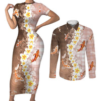 Hawaii And Japan Couples Matching Short Sleeve Bodycon Dress and Long Sleeve Button Shirt Plumeria Lei With Koi Fish Beige - Polynesian Pride