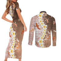Hawaii And Japan Couples Matching Short Sleeve Bodycon Dress and Long Sleeve Button Shirt Plumeria Lei With Koi Fish Beige - Polynesian Pride