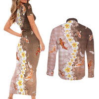 Hawaii And Japan Couples Matching Short Sleeve Bodycon Dress and Long Sleeve Button Shirt Plumeria Lei With Koi Fish Beige - Polynesian Pride