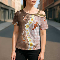 Hawaii And Japan Cross Shoulder Shirt Plumeria Lei With Koi Fish Beige - Polynesian Pride