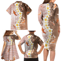 Hawaii And Japan Family Matching Long Sleeve Bodycon Dress and Hawaiian Shirt Plumeria Lei With Koi Fish Beige - Polynesian Pride