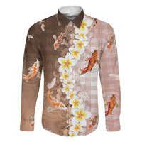 Hawaii And Japan Family Matching Off The Shoulder Long Sleeve Dress and Hawaiian Shirt Plumeria Lei With Koi Fish Beige LT05 Dad's Shirt - Long Sleeve Beige - Polynesian Pride