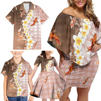 Hawaii And Japan Family Matching Off Shoulder Short Dress and Hawaiian Shirt Plumeria Lei With Koi Fish Beige - Polynesian Pride