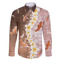 Hawaii And Japan Family Matching Summer Maxi Dress and Hawaiian Shirt Plumeria Lei With Koi Fish Beige LT05 Dad's Shirt - Long Sleeve Beige - Polynesian Pride
