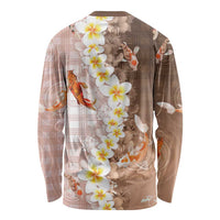 Hawaii And Japan Long Sleeve Shirt Plumeria Lei With Koi Fish Beige - Polynesian Pride