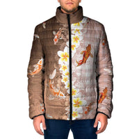 Hawaii And Japan Padded Jacket Plumeria Lei With Koi Fish Beige - Polynesian Pride