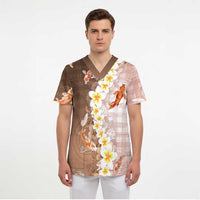 Hawaii And Japan Scrub Top Plumeria Lei With Koi Fish Beige - Polynesian Pride