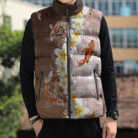 Hawaii And Japan Sleeveless Puffer Jacket Plumeria Lei With Koi Fish Beige - Polynesian Pride