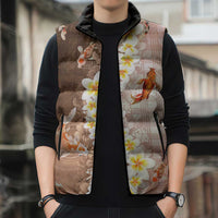 Hawaii And Japan Sleeveless Puffer Jacket Plumeria Lei With Koi Fish Beige - Polynesian Pride
