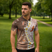 Hawaii And Japan Zipper Polo Shirt Plumeria Lei With Koi Fish Beige - Polynesian Pride