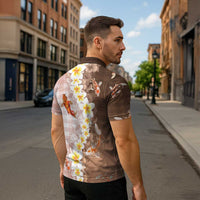 Hawaii And Japan Zipper Polo Shirt Plumeria Lei With Koi Fish Beige - Polynesian Pride