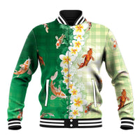 Hawaii And Japan Baseball Jacket Plumeria Lei With Koi Fish Green - Polynesian Pride