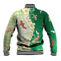 Hawaii And Japan Baseball Jacket Plumeria Lei With Koi Fish Green - Polynesian Pride