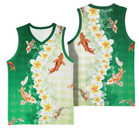 Hawaii And Japan Basketball Jersey Plumeria Lei With Koi Fish Green - Polynesian Pride