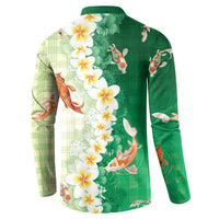 Hawaii And Japan Button Sweatshirt Plumeria Lei With Koi Fish Green - Polynesian Pride