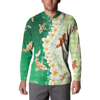 Hawaii And Japan Button Sweatshirt Plumeria Lei With Koi Fish Green - Polynesian Pride