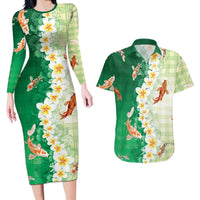 Hawaii And Japan Couples Matching Long Sleeve Bodycon Dress and Hawaiian Shirt Plumeria Lei With Koi Fish Green - Polynesian Pride