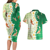 Hawaii And Japan Couples Matching Long Sleeve Bodycon Dress and Hawaiian Shirt Plumeria Lei With Koi Fish Green - Polynesian Pride