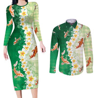 Hawaii And Japan Couples Matching Long Sleeve Bodycon Dress and Long Sleeve Button Shirt Plumeria Lei With Koi Fish Green - Polynesian Pride