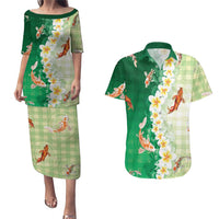 Hawaii And Japan Couples Matching Puletasi and Hawaiian Shirt Plumeria Lei With Koi Fish Green - Polynesian Pride