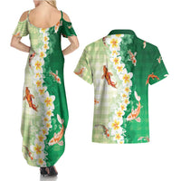 Hawaii And Japan Couples Matching Summer Maxi Dress and Hawaiian Shirt Plumeria Lei With Koi Fish Green - Polynesian Pride