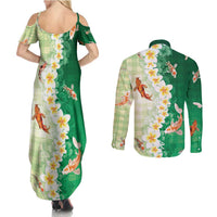 Hawaii And Japan Couples Matching Summer Maxi Dress and Long Sleeve Button Shirt Plumeria Lei With Koi Fish Green - Polynesian Pride