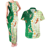 Hawaii And Japan Couples Matching Tank Maxi Dress and Hawaiian Shirt Plumeria Lei With Koi Fish Green - Polynesian Pride