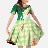 Hawaii And Japan Family Matching Off The Shoulder Long Sleeve Dress and Hawaiian Shirt Plumeria Lei With Koi Fish Green LT05 Daughter's Dress Green - Polynesian Pride