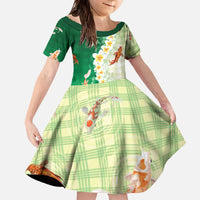 Hawaii And Japan Family Matching Off The Shoulder Long Sleeve Dress and Hawaiian Shirt Plumeria Lei With Koi Fish Green - Polynesian Pride