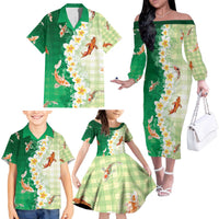 Hawaii And Japan Family Matching Off The Shoulder Long Sleeve Dress and Hawaiian Shirt Plumeria Lei With Koi Fish Green - Polynesian Pride
