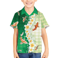Hawaii And Japan Family Matching Off Shoulder Maxi Dress and Hawaiian Shirt Plumeria Lei With Koi Fish Green LT05 Son's Shirt Green - Polynesian Pride