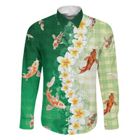 Hawaii And Japan Family Matching Off Shoulder Short Dress and Hawaiian Shirt Plumeria Lei With Koi Fish Green LT05 Dad's Shirt - Long Sleeve Green - Polynesian Pride
