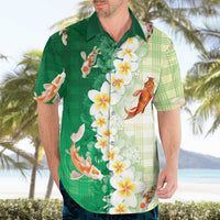 Hawaii And Japan Hawaiian Shirt Plumeria Lei With Koi Fish Green - Polynesian Pride