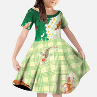 Hawaii And Japan Kid Short Sleeve Dress Plumeria Lei With Koi Fish Green - Polynesian Pride