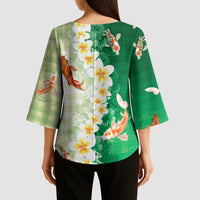 Hawaii And Japan Kimono Sleeve Blouse Plumeria Lei With Koi Fish Green - Polynesian Pride