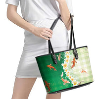 Hawaii And Japan Leather Tote Bag Plumeria Lei With Koi Fish Green - Polynesian Pride