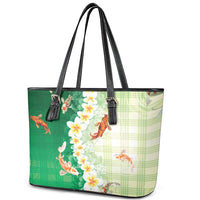 Hawaii And Japan Leather Tote Bag Plumeria Lei With Koi Fish Green - Polynesian Pride
