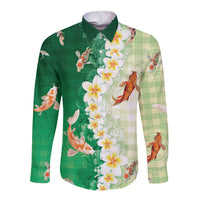 Hawaii And Japan Long Sleeve Button Shirt Plumeria Lei With Koi Fish Green - Polynesian Pride