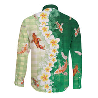 Hawaii And Japan Long Sleeve Button Shirt Plumeria Lei With Koi Fish Green - Polynesian Pride