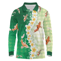 Hawaii And Japan Long Sleeve Polo Shirt Plumeria Lei With Koi Fish Green - Polynesian Pride