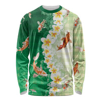 Hawaii And Japan Long Sleeve Shirt Plumeria Lei With Koi Fish Green - Polynesian Pride