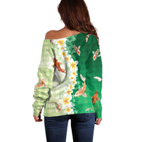 Hawaii And Japan Off Shoulder Sweater Plumeria Lei With Koi Fish Green - Polynesian Pride