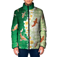 Hawaii And Japan Padded Jacket Plumeria Lei With Koi Fish Green - Polynesian Pride