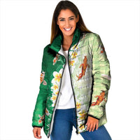 Hawaii And Japan Padded Jacket Plumeria Lei With Koi Fish Green - Polynesian Pride