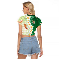 Hawaii And Japan Raglan Cropped T Shirt Plumeria Lei With Koi Fish Green - Polynesian Pride