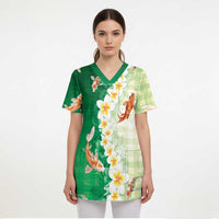 Hawaii And Japan Scrub Top Plumeria Lei With Koi Fish Green - Polynesian Pride
